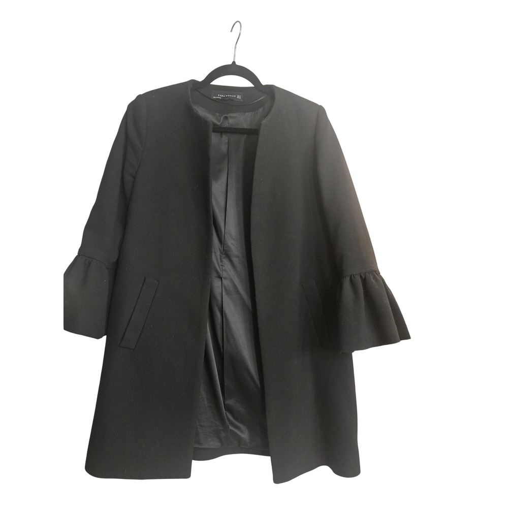 Zara Woman Black Bell Sleeve Ruffle Open Front Collarless Coat Jacket Size M